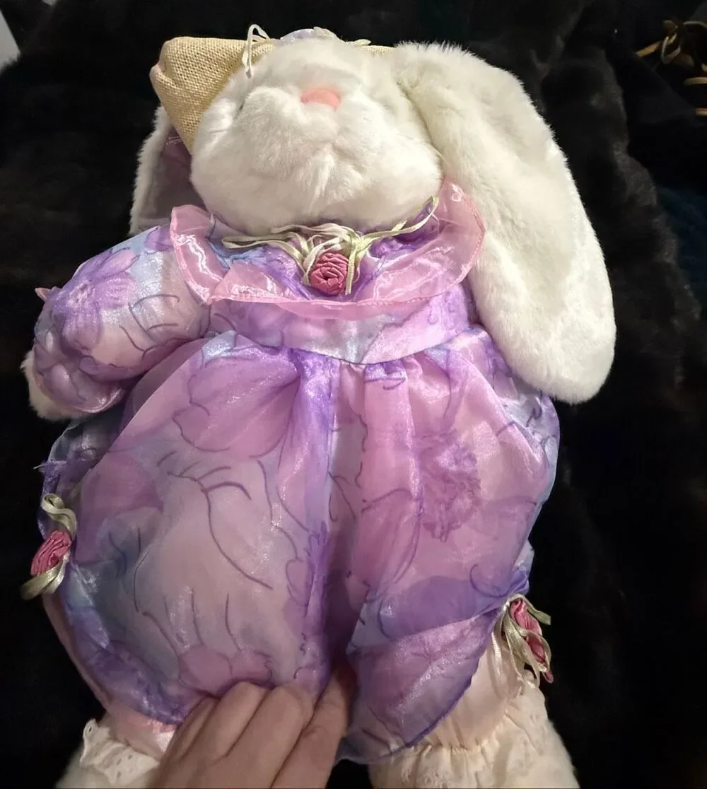 Vintage 1993 Plush Creations Tall White Bunny With Hat And purple Floral Dress